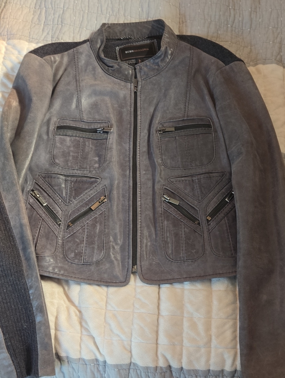 BCBGMaxAzria Gray Suede Zip-Front Moto Jacket